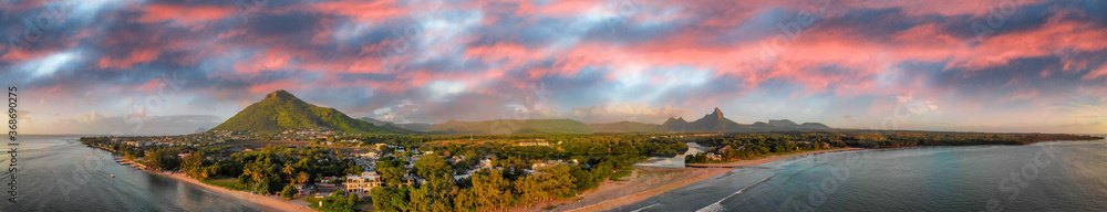 Amazing panoramic aerial view of Mauritius at sunset