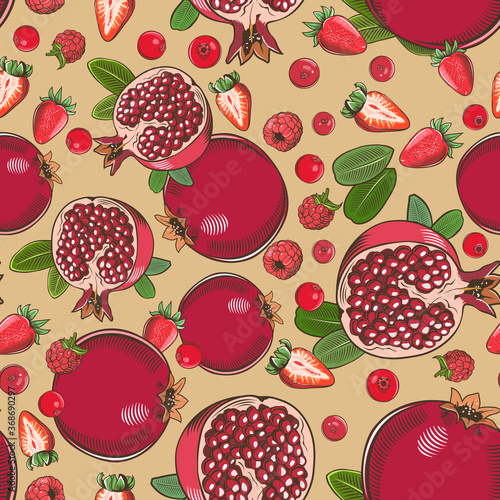 Colored seamless pattern with pomegranates and various berries in vintage style