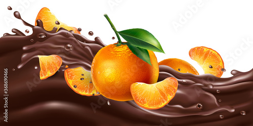 Whole and sliced mandarins on a chocolate wave.