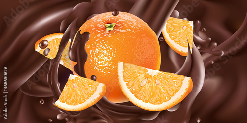 Whole and sliced oranges in liquid chocolate.