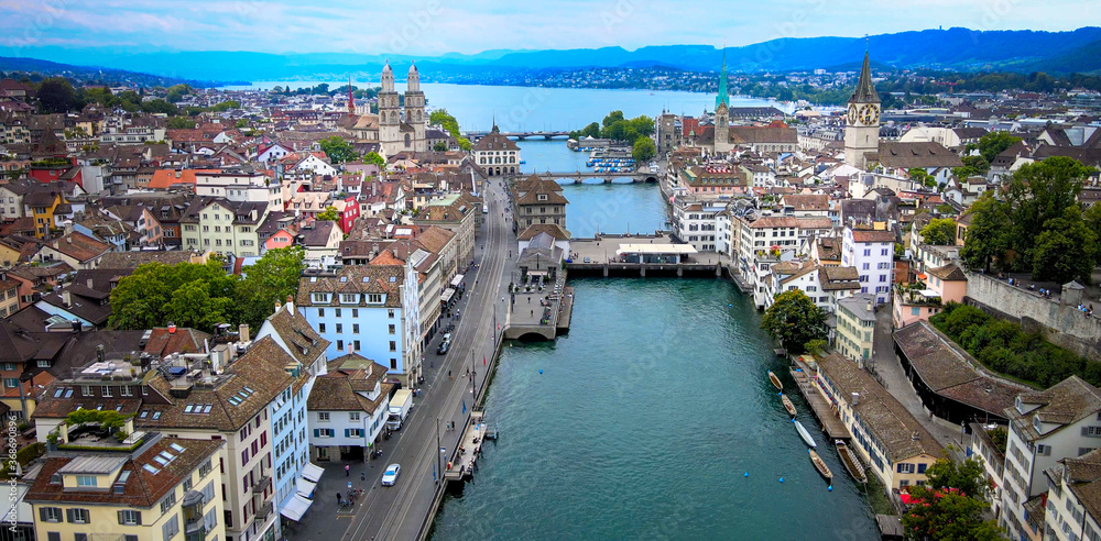 Amazing aerial view over the city of Zurich in Switzerland - drone footage
