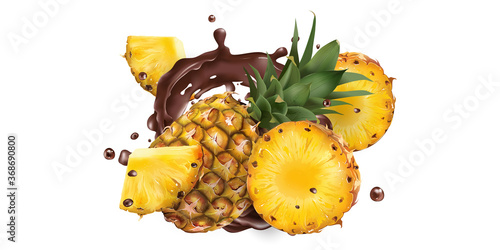 Fresh pineapples and splashes of liquid chocolate.