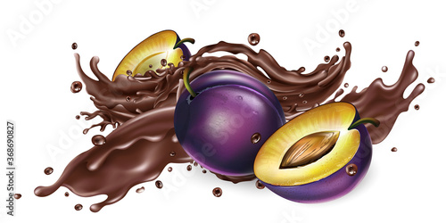 Splash of liquid chocolate and fresh plums.