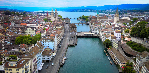 Amazing aerial view over the city of Zurich in Switzerland - drone footage