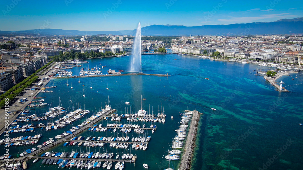 Obraz premium Aeial view over Lake Geneva in Switzerland - drone photography