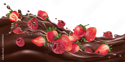 Fresh strawberries and raspberries on a chocolate wave.