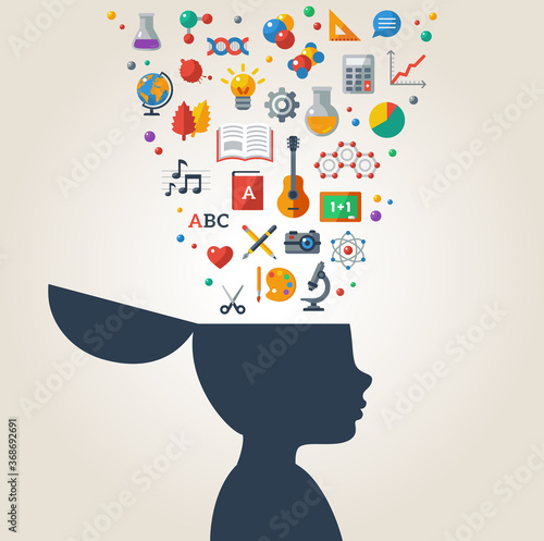 Creative concept of education. Vector illustration. Boy silhouette with school icons and symbols in his head. Back to school. Learning process.