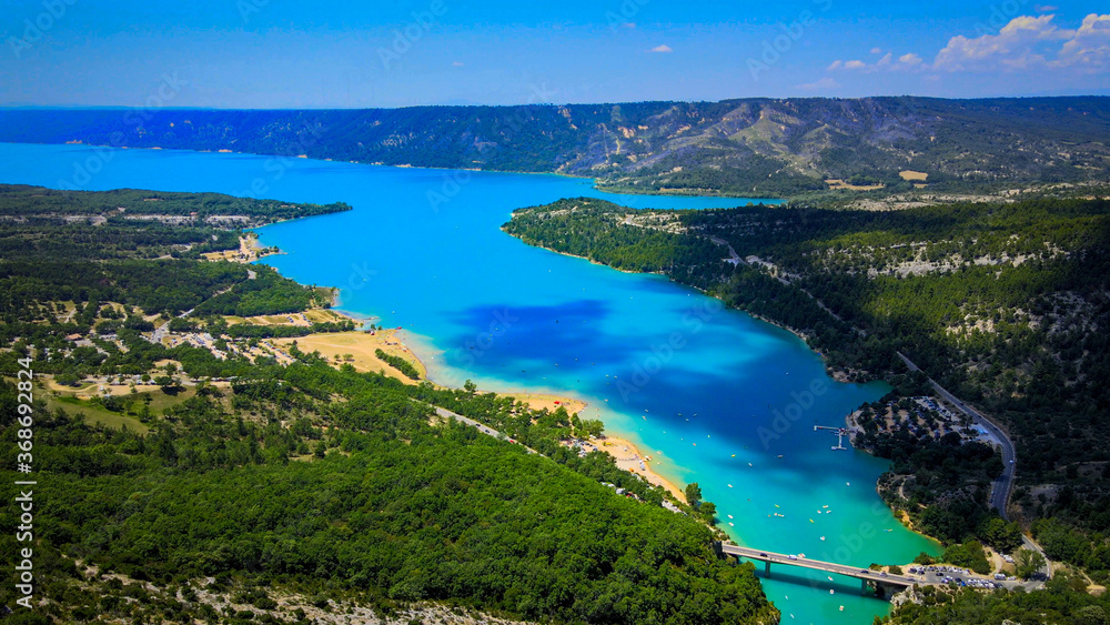 View over famous Lake Sainte Croix in the French Alpes at Verdon Canyon
