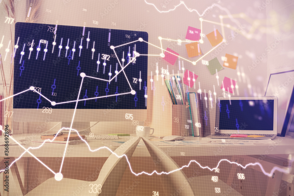 Double exposure of financial graph drawing and office interior background. Concept of stock market. Double exposure of financial graph drawing and office interior background. Concept of stock market.