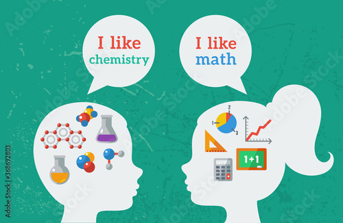 Boy and girl talk about their favorite subject in school. Vector illustration. Back to school concept art.