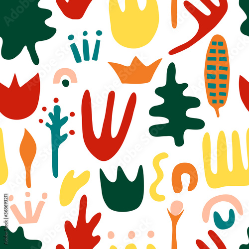   ontemporary seamless pattern hand drawn shapes. Nature doodle elements and objects. Abstract color various leaves and flowers. Trendy modern flat cartoon vector illustration isolated on white