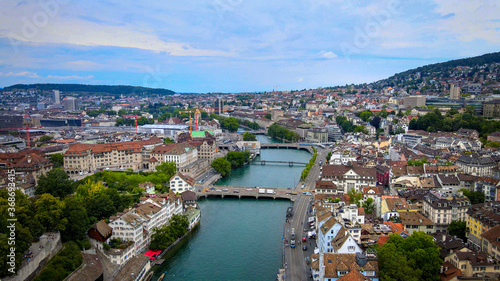 Amazing aerial view over the city of Zurich in Switzerland - drone footage © 4kclips