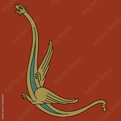 Fantastic medieval winged dragon with long neck. Gothic illuminated manuscript decor.