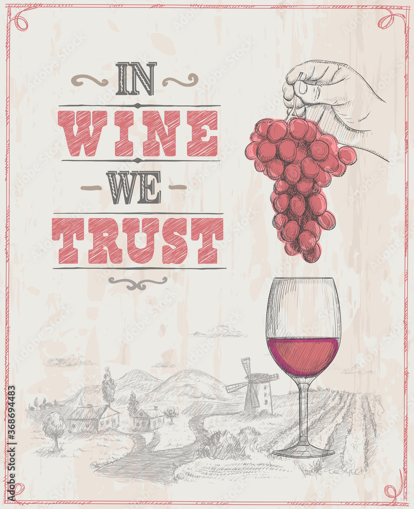 Wine poster with empty space for text and hand drawn graphic illustration with man hand holding bunch of grapes - obrazy, fototapety, plakaty 