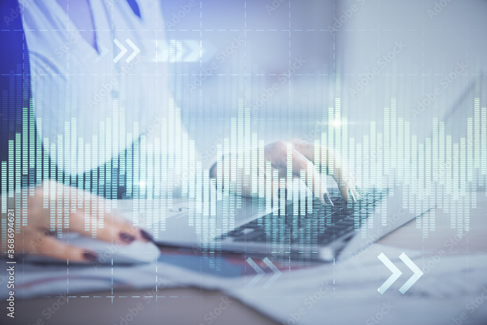 Double exposure of businesswoman hands typing on computer and forex graph hologram drawing. Financial analysis concept. Double exposure of businesswoman hands typing on computer and forex graph hologram drawing. Financial analysis concept.