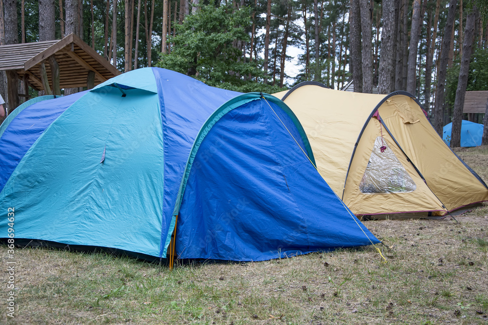 Tourist tents in the forest in a clearing. Summer travel and outdoor recreation.