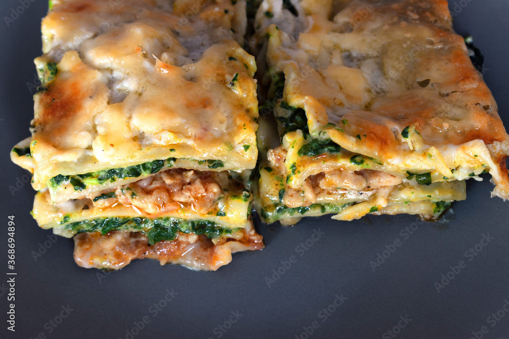 slice of lasagna isolated on gray background slice of lasagna isolated on gray background