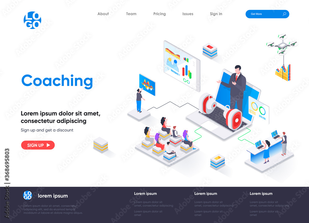 Coaching isometric landing page. Business consultation and assistance, career growth, motivation and mentoring isometry web page. Website flat template, vector illustration with people characters.