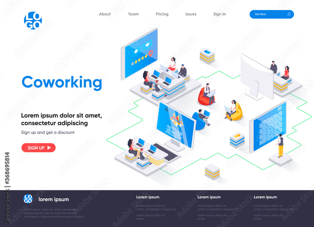 Coworking space isometric landing page. Freelancers working with laptops, business team together in coworking area isometry web page. Website flat template, vector illustration with people characters. Coworking space isometric landing page. Freelancers working with laptops, business team together in coworking area isometry web page. Website flat template, vector illustration with people characters.