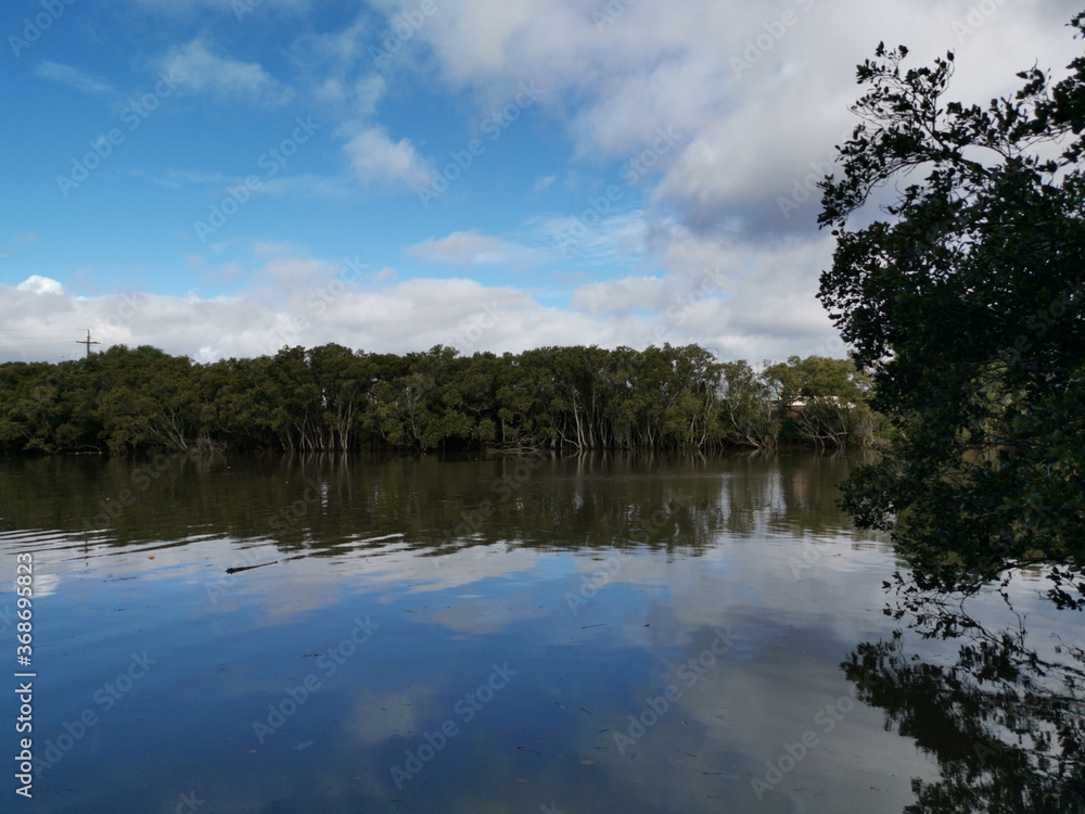 Beautiful view of a river with reflections of blue sky, light clouds and trees on water, Parramatta river, Rydalmere, New South Wales, Australia Beautiful view of a river with reflections of blue sky, light clouds and trees on water, Parramatta river, Rydalmere, New South Wales, Australia