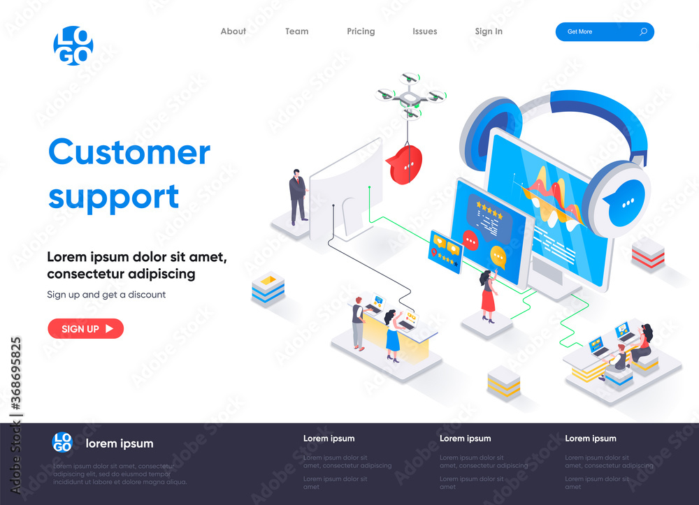Customer support isometric landing page. Call center service, online assistance, hotline consultation and help chat isometry web page. Website flat template, vector illustration with people characters