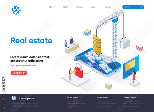 Real estate isometric landing page. Residential and commercial real estate property, engineering and construction isometry web page. Website flat template, vector illustration with people characters.