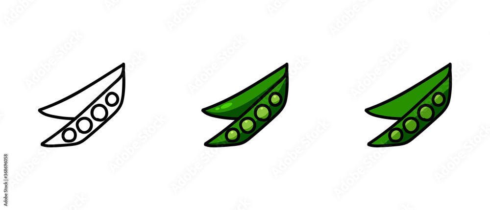 Obraz premium This is a set of icons with different style of peas. Contour and colored symbols of peas. Freehand drawing. Stylish solution for a website.