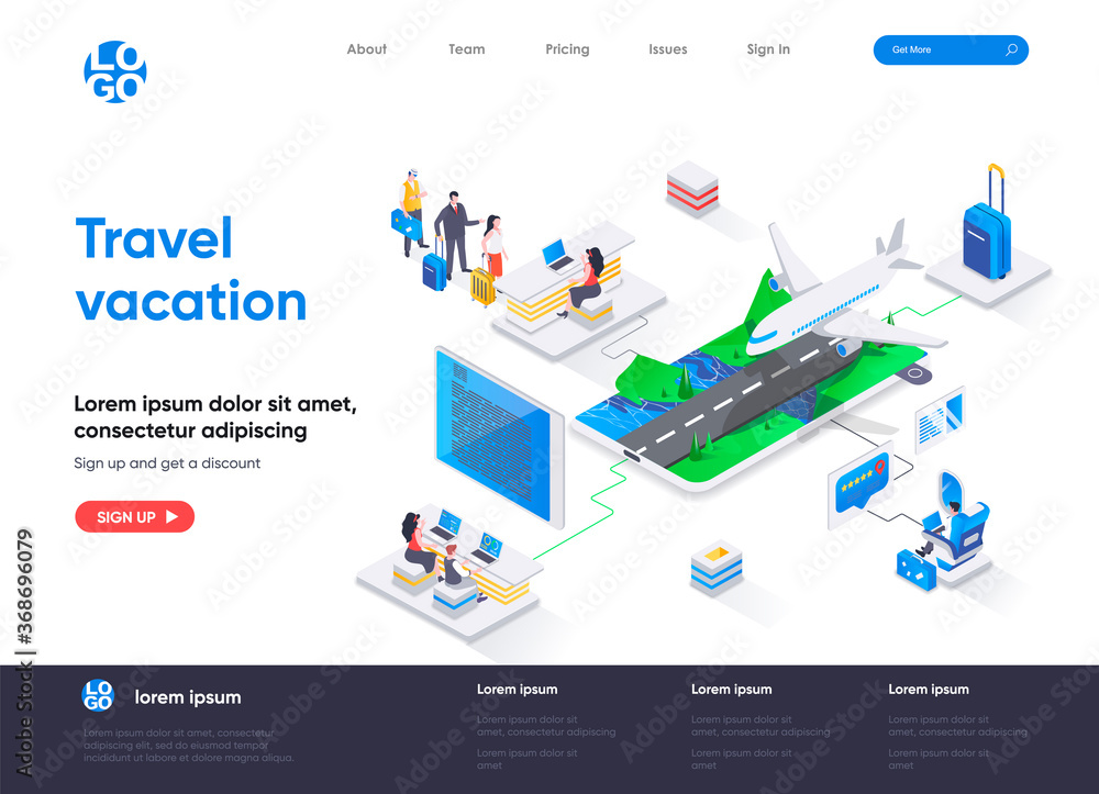 Travel vacation isometric landing page. Web solution for trip organization, online check-in, flight booking service isometry web page. Website flat template, vector illustration with people characters
