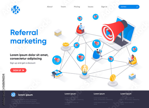 Referral marketing isometric landing page. Promoting in social media, attraction of new customers, referral program isometry web page. Website flat template, vector illustration with people characters
