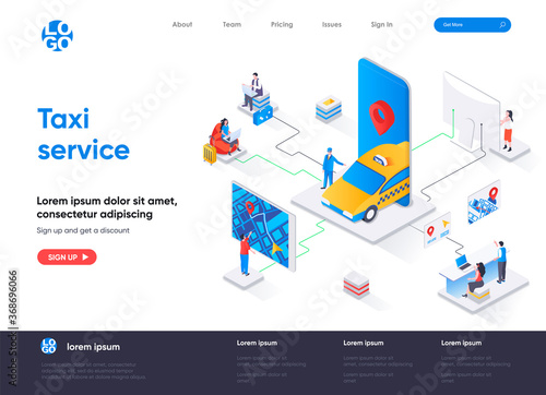 Taxi service isometric landing page. Web application for online taxi order, booking service, passenger transportation isometry web page. Website template, vector illustration with people characters.