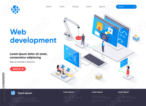 Web development isometric landing page. Full stack development, software engineering, design and programming isometry web page. Website flat template, vector illustration with people characters.