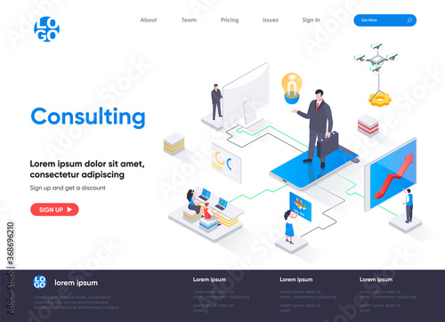 Consulting isometric landing page. Competent business expertise and law assistance, financial audit and accounting isometry web page. Website flat template, vector illustration with people characters.