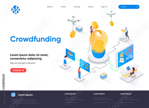 Crowdfunding isometric landing page. Investment into idea or business startup isometry web page. Crowdfunding platform for money donation website template. Vector illustration with people characters.