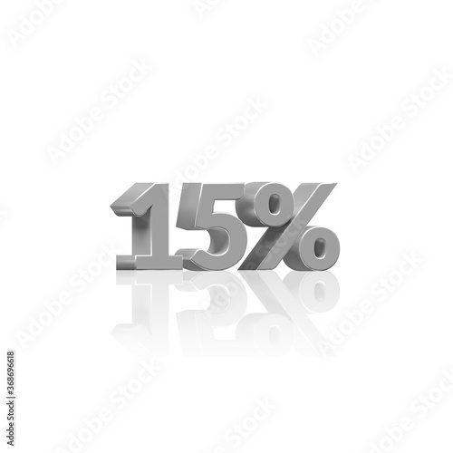 15% percent sign 3d grey silver discount sale sign interest rate symbol savings price reduction tag label isolated. 3D Render of Metal Styled 15% Discount