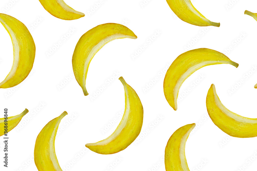 bananas drawn by watercolor. Seamless pattern on a white background.