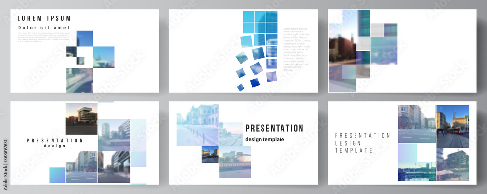 Vector layout of the presentation slides design business templates, multipurpose template for presentation brochure, brochure cover. Abstract design project in geometric style with blue squares. Vector layout of the presentation slides design business templates, multipurpose template for presentation brochure, brochure cover. Abstract design project in geometric style with blue squares.