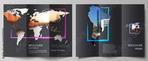 Vector layouts of covers design templates for trifold brochure, flyer layout, book design, brochure cover, advertising. Design template in the form of world maps and colored frames, insert your photo.