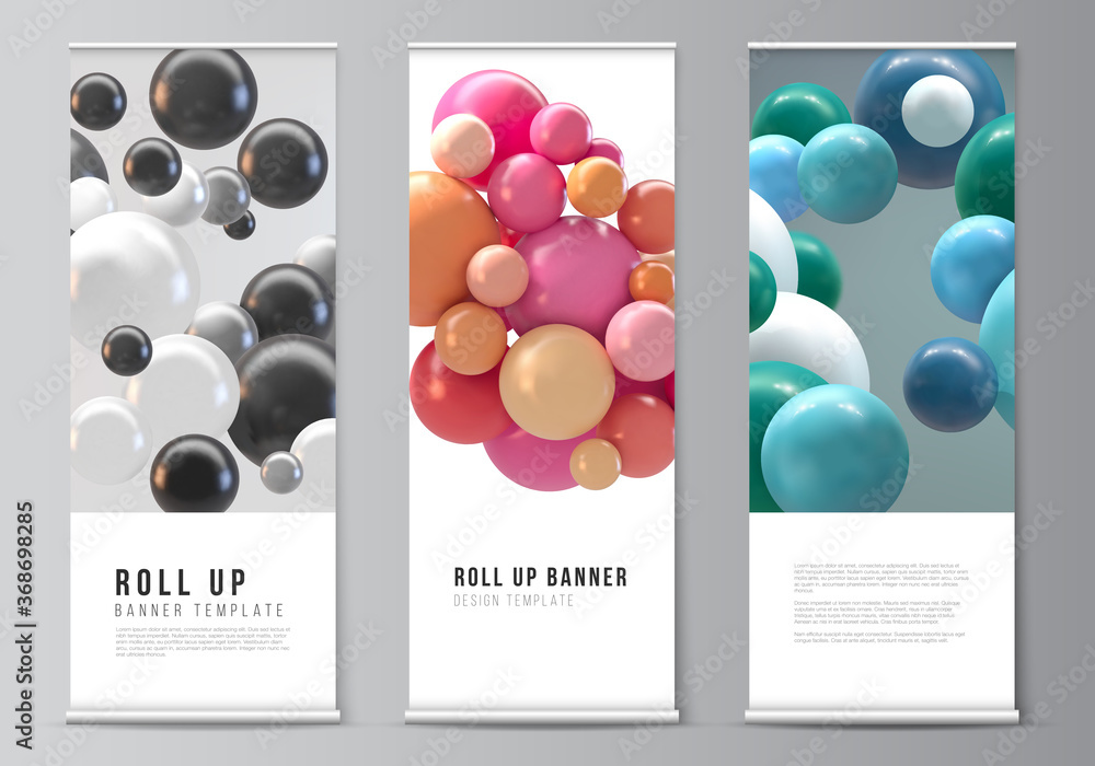 Vector layout of roll up mockup templates for vertical flyers, flags design templates, banner stands, advertising mockup. Abstract futuristic background with colorful 3d spheres, glossy bubbles, balls