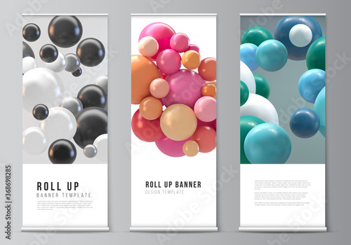 Vector layout of roll up mockup templates for vertical flyers, flags design templates, banner stands, advertising mockup. Abstract futuristic background with colorful 3d spheres, glossy bubbles, balls