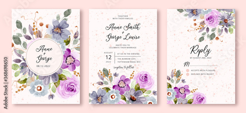 wedding invitation set with blue purple floral watercolor background photo
