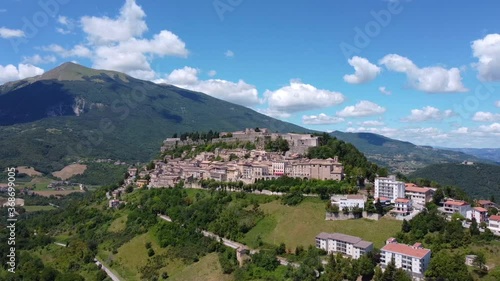 Italy 2020: Aerial view of Civitella del Tronto, built on a hill, on a warm but cloudy summer day. July 2020, Teramo photo
