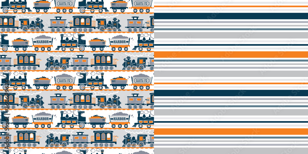 Obraz premium Pattern_set_Retro_Train_Allover_Print_Coordinated_Stripe_Patterns_Orange_Navy_Blue_White_Background