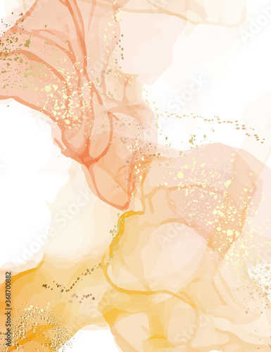 Abstract watercolor marble stain texture. Pastel illustration vintage design, neutral warm colors ink splash with digital gold glitters, sparkles, smudged elements in vector