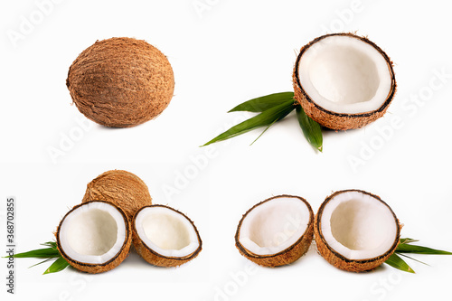 Set of Coconut with half and leaves on white background.