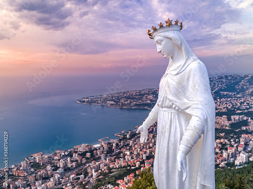Aerial view of Lady of Lebanon, Harissa, Lebanon photo