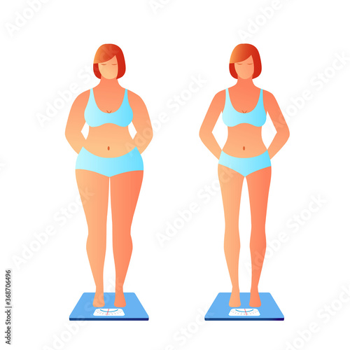 Overweight woman. Normal weight woman. A fat and thin woman is standing on the scales isolated on a white background. Healthy lifestyle concept. Diet and Weight Loss