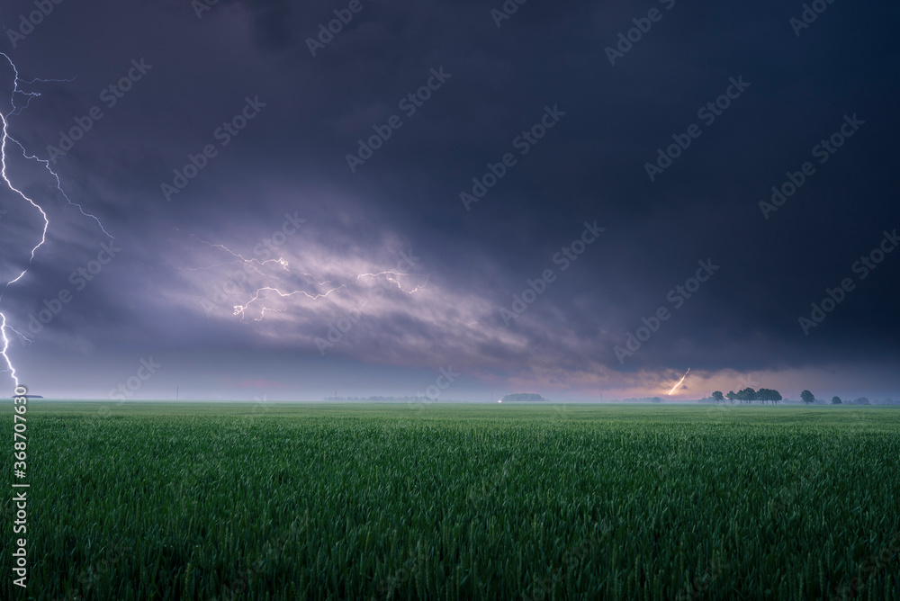 Green agriculture field with storm clouds during lightning storm Green agriculture field with storm clouds during lightning storm