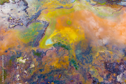 Drone, aerial footage of colorful lakes and ponds below in the Canadian wilderness. Abstract, print, art, wall art. 