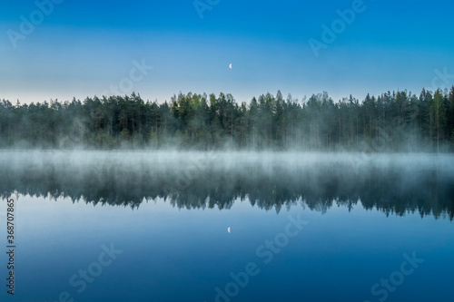 Cold summer morning in the forest with lake, forest reflection and mist on the water surface.