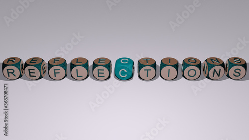 reflections combined by dice letters and color crossing for the related meanings of the concept. background and blue